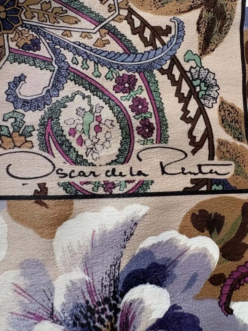 Vintage Oscar de la Renta 100% Silk Blue Floral Square Scarf Made in Japan